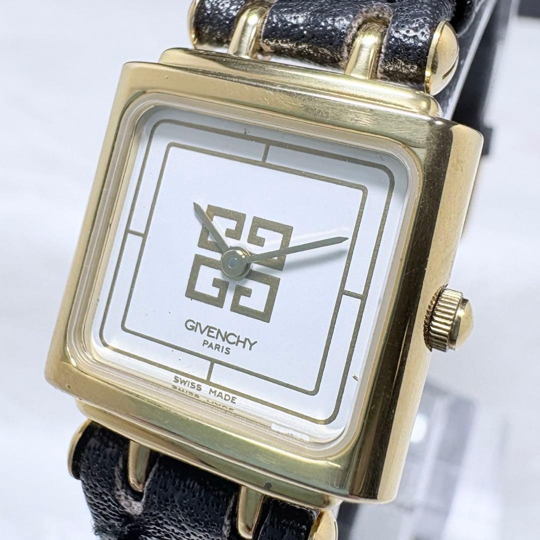 GIVENCHY 4G Logo Square Watch Gold White Leather Vintage Stainless Steel
