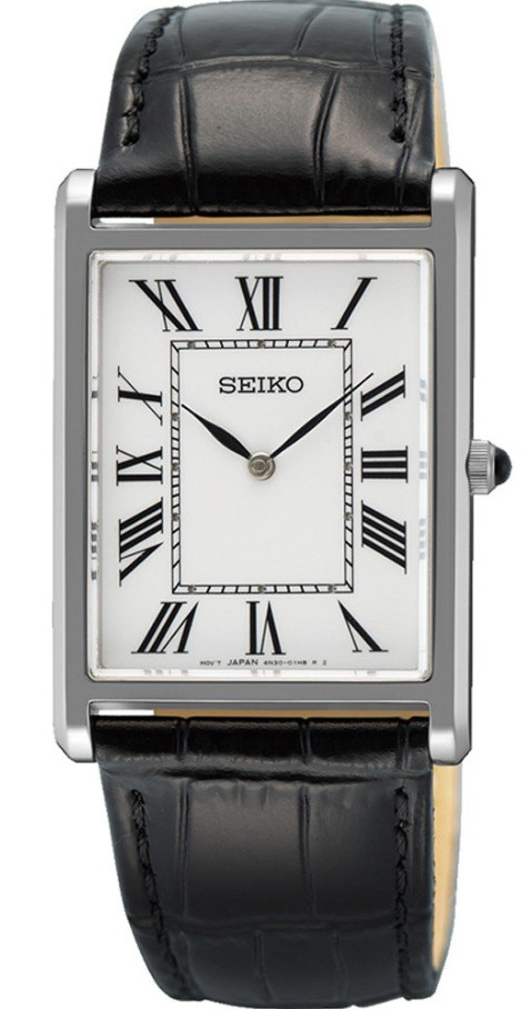 Seiko Essentials Rectangular Black Leather Roman Numbers Men’s Watch SWR103