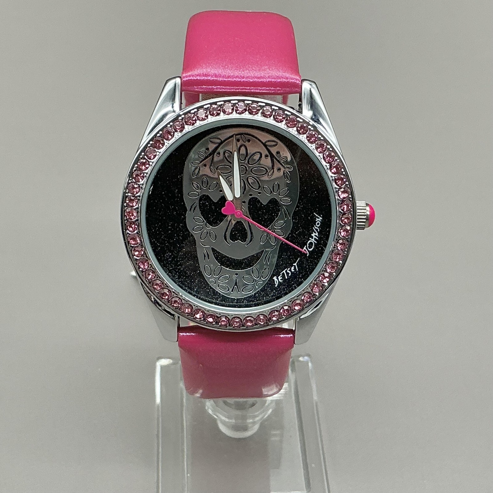 Betsey Johnson Womens Watch Black Dial Pink Strap Skull Crystal Bezel Quartz