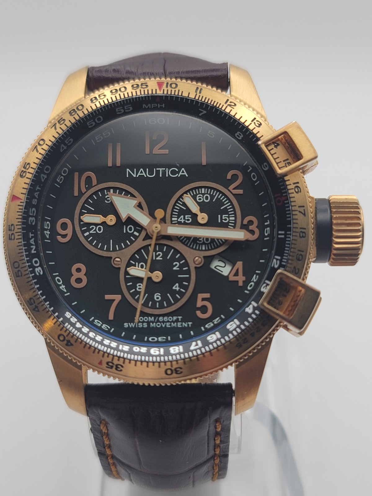 ​Nautica Flight Chronograph A31502 – Swiss Movt, 200m, Slide Rule Bezel, Leather