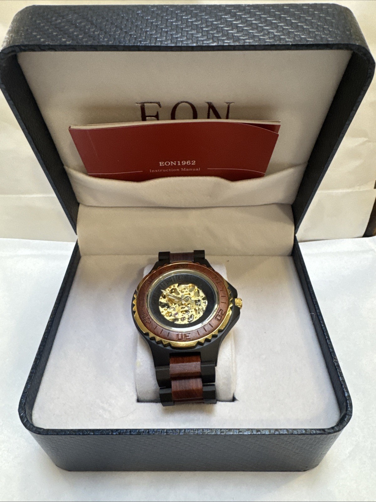 Mens Eon 1962 Japanese Movement Skeleton Dial Sandalwood Watch BNIB
