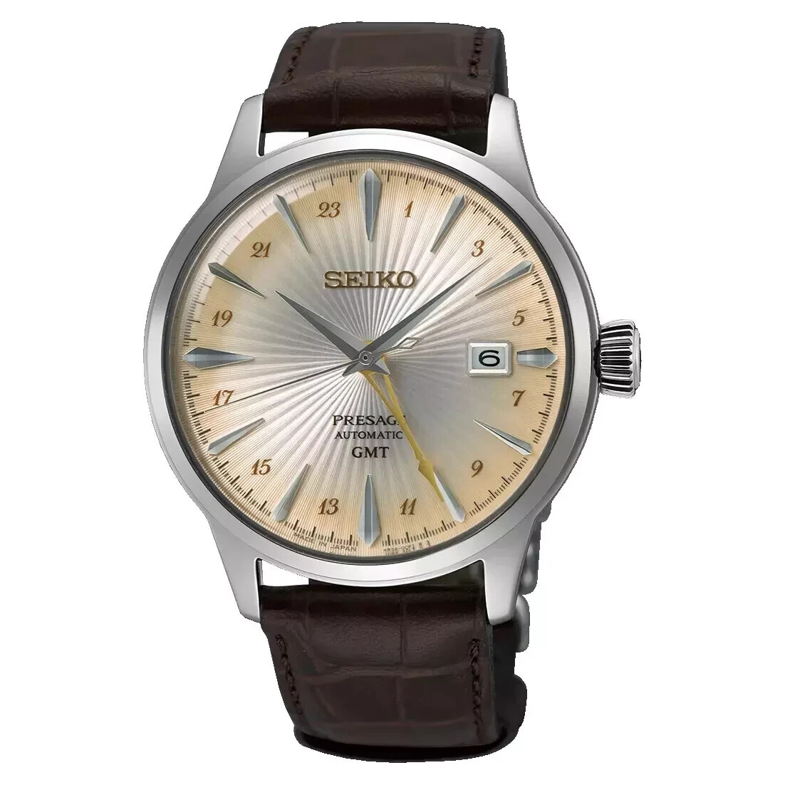 Seiko Mens Presage GMT Cream Dial Cocktail Time Brown Leather Band Watch SSK041