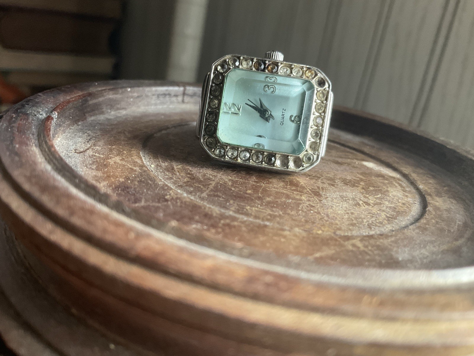 Antique Ring Watch Japan Movement Light Blue Beveled Face Stainless Steel Retro