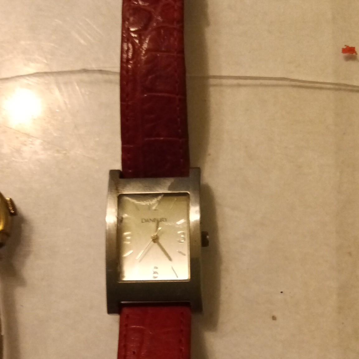 Danbury Quartz Rectangular Analog Watch Silver Dial Red Leather Strap 100m