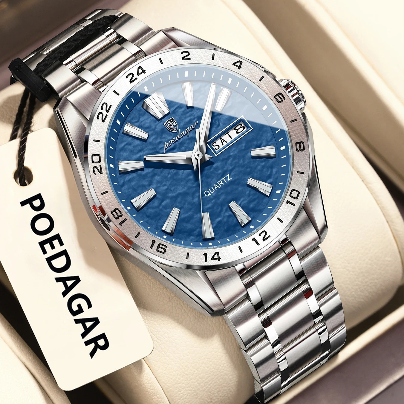 40MM POEDAGAR Quartz Luxury Wristwatch Men’s Waterproof Stainless Luminous NEW