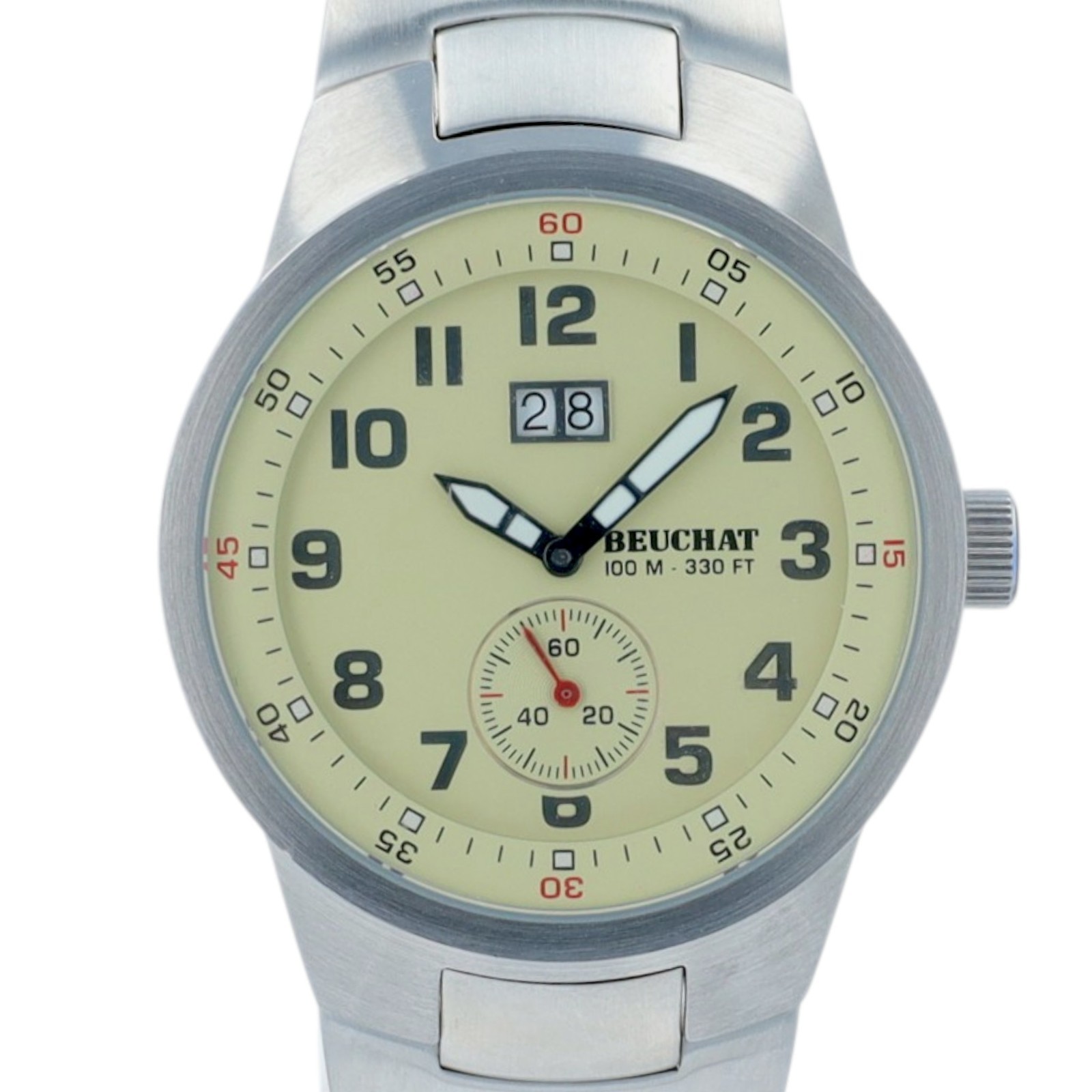Beuchat Mens Watch Cream Dial Big Date Swiss 100M Steel Quartz Bracelet
