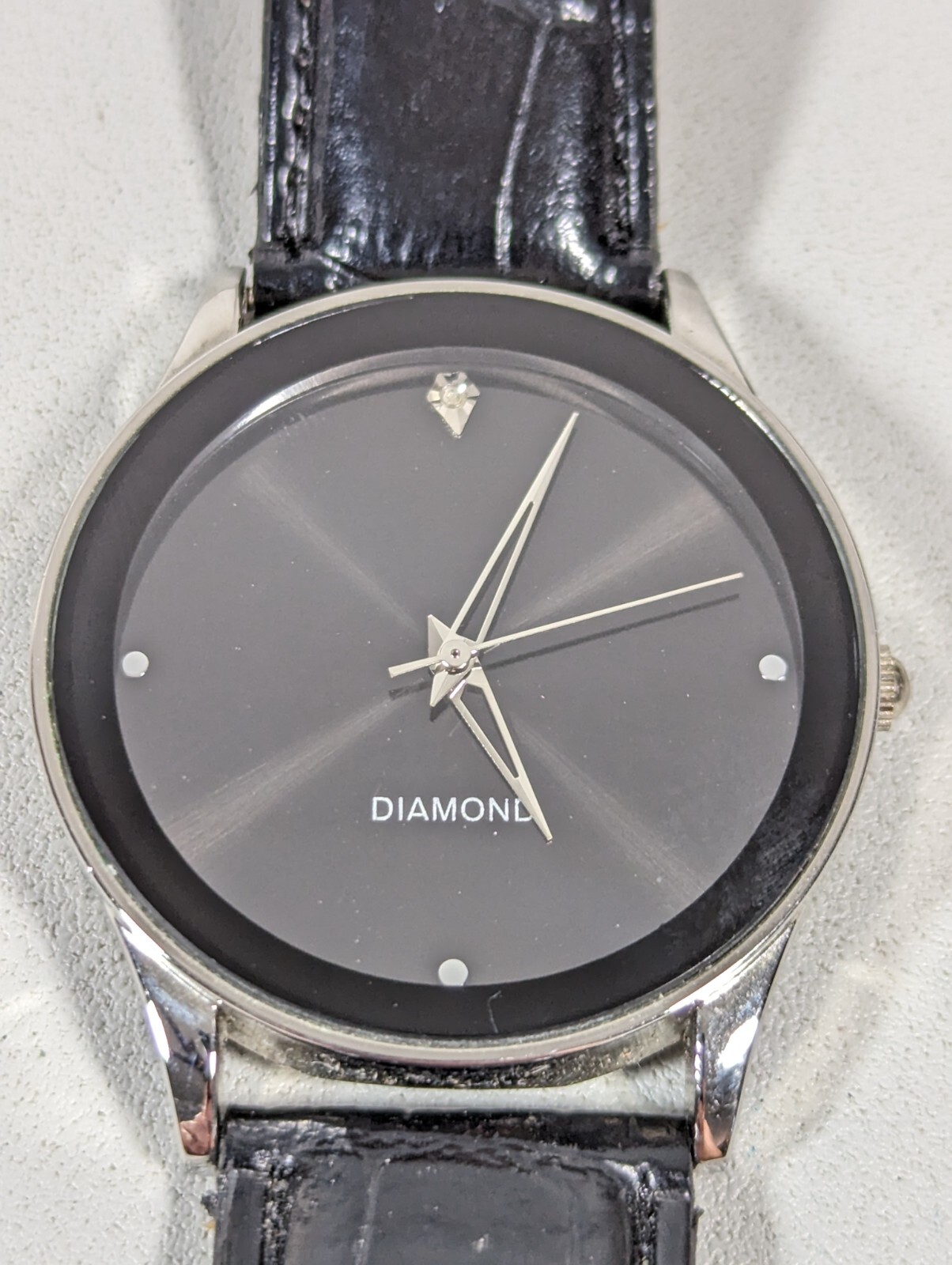 Black Dial Round Silver Tone Case Black Faux Leather Band Watch