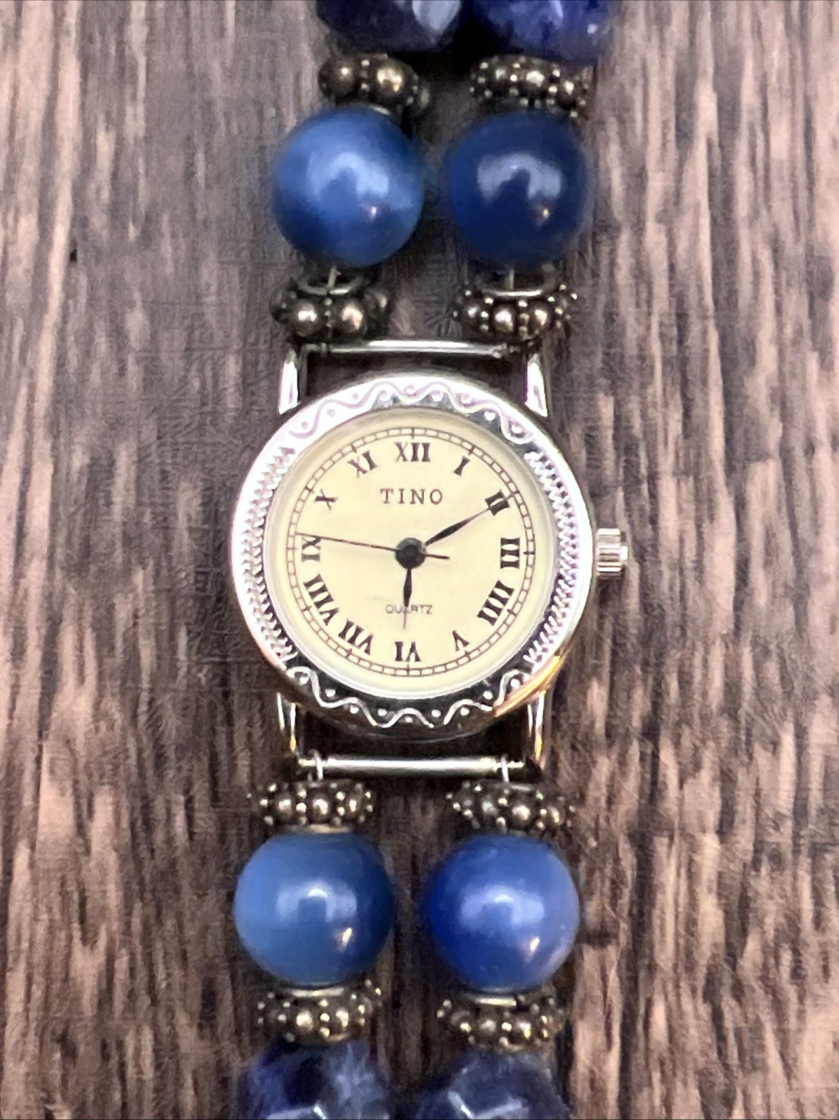 Vtg Tino Ladies Watch With Blue Stone Beaded Band Working