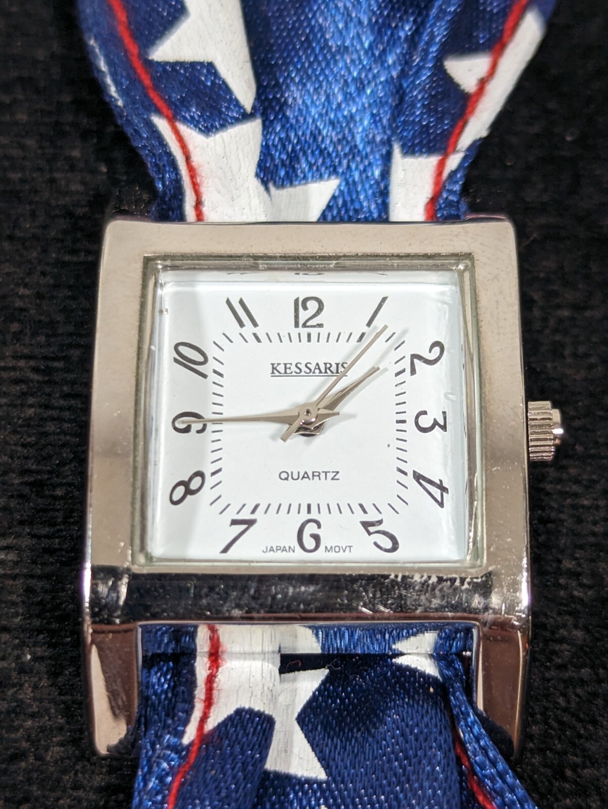 Kessaris White Dial Silver Tone Case Patriotic Red White Blue Band Watch 7 inch