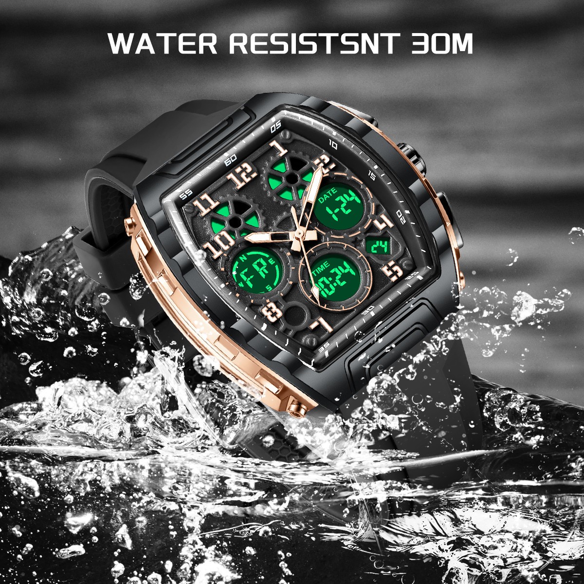Men Watch Quartz Rectangle Date Chronograph Waterproof Male Sports Wristwatch