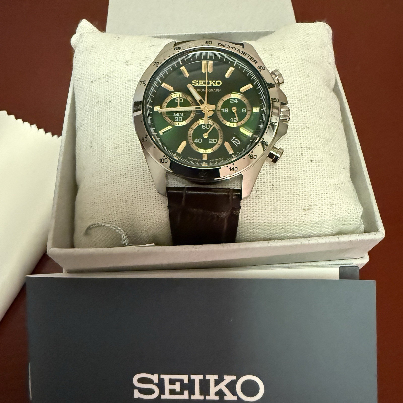 SEIKO Spirit SBTR017 Green Chronograph Quartz Leather band Men Watch New in Box