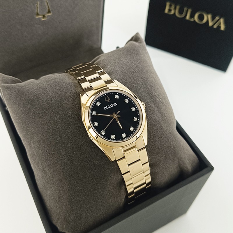 Bulova Surveyor Rose-gold Bracelet Black Dial Women 97P156 Quartz Watch 31mm