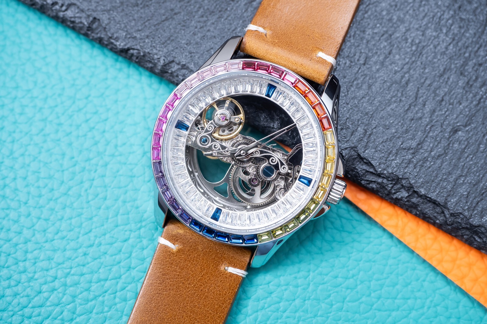 Mens Silver Automatic Mechanical Watch Bridge Rainbow Cubic Oil Wax Light Brown