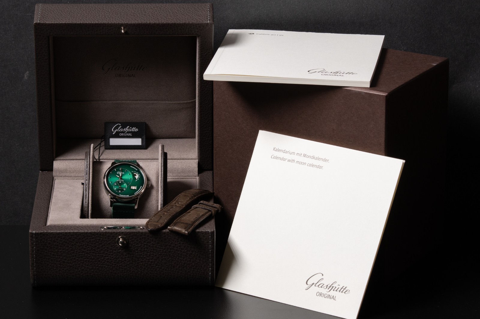 Glashutte Panomatic Lunar Green Dial Ref. 1–90–02–13–32-62 Complete Set w/B&P