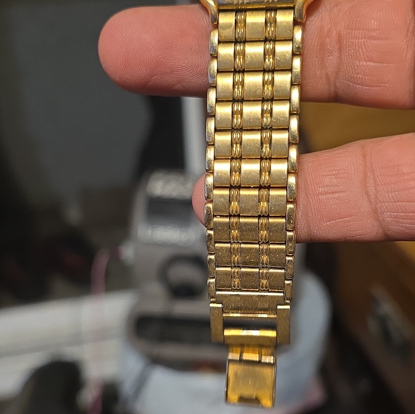 Bulova Quartz Analog Rectangle Gold Dial Stick Indexes Gold Metal Bracelet WR
