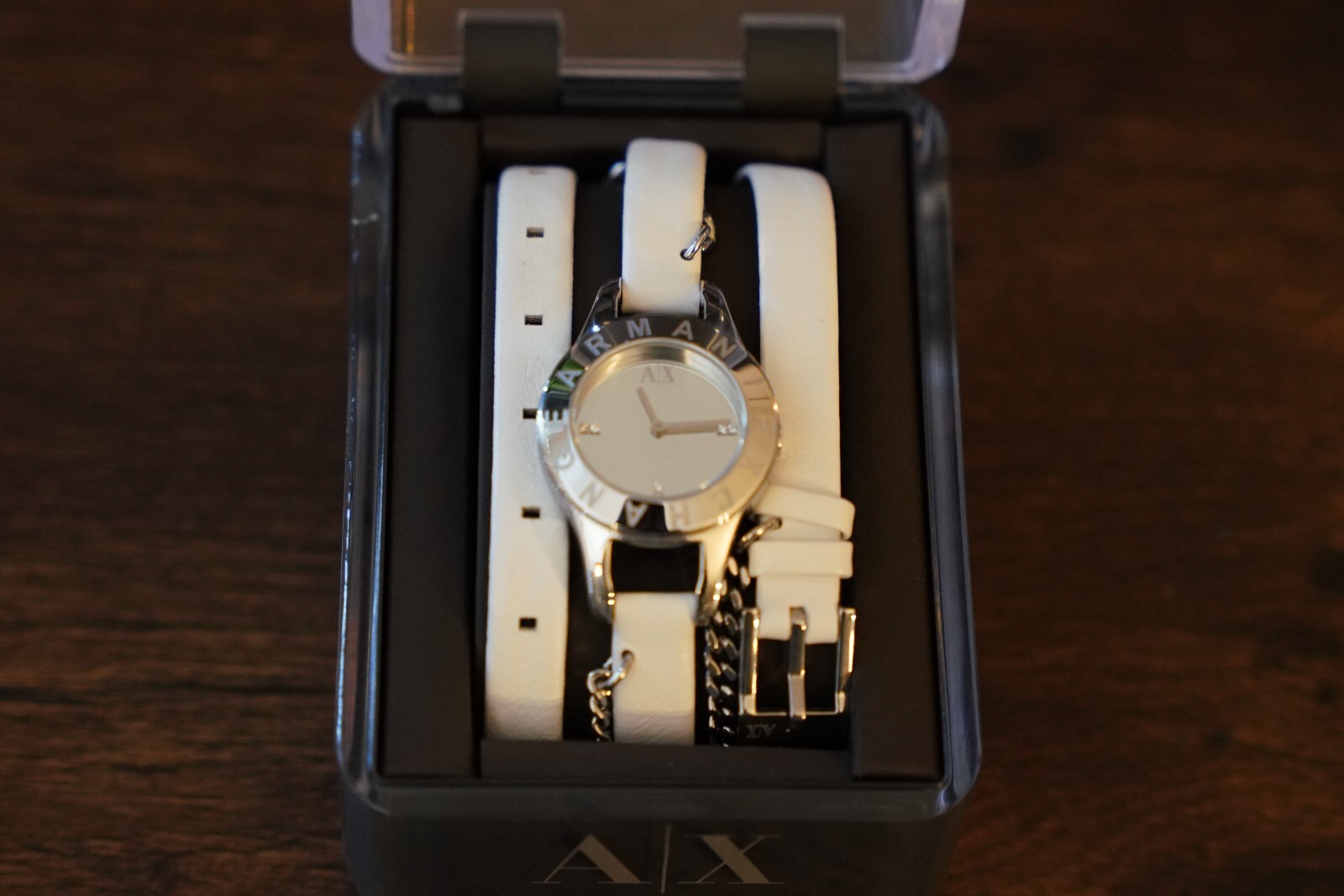 Armani Exchange AX4146, White Leather Wrap-Around Strap Ladies Watch, Quartz
