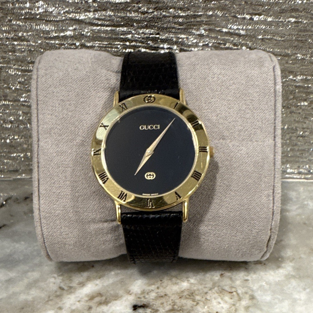 Unisex Gucci 3000M Quartz Analog Watch, Black Dial Roman Numerals, Gold Plated