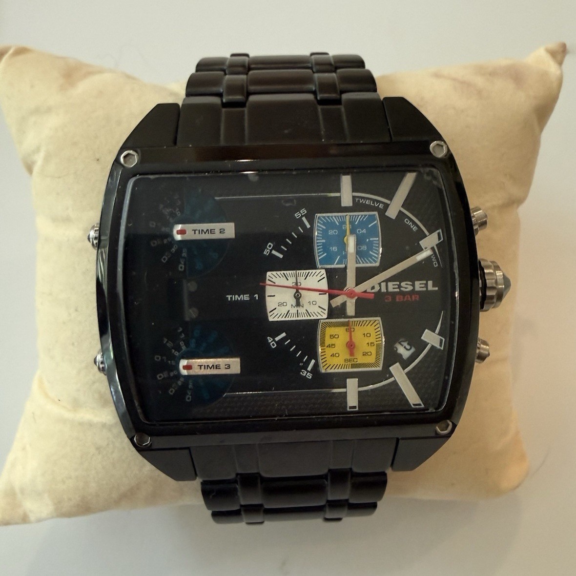 Diesel Men’s Quartz Square Dial Watch 3 BAR Black Stainless Bracelet Multi-Dial