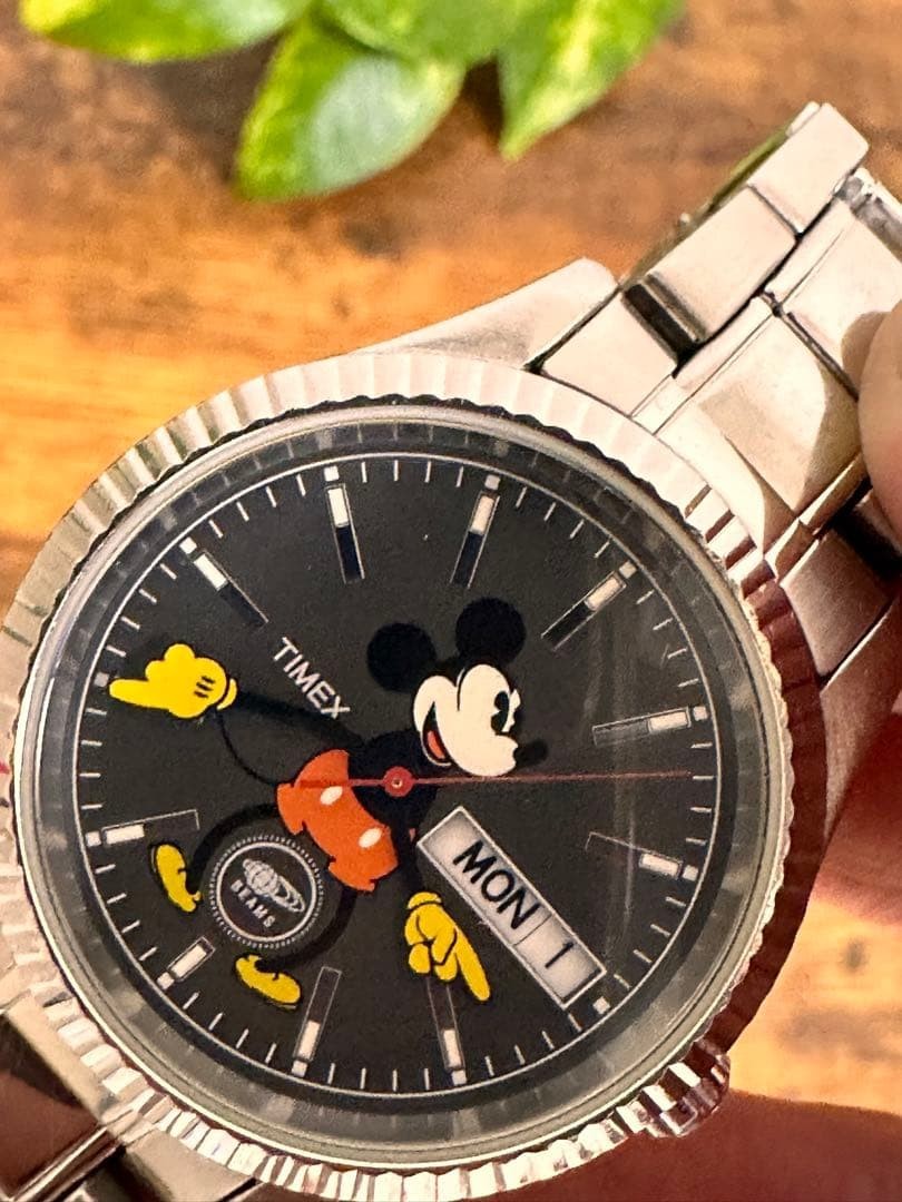 BEAMS × TIMEX Mickey Mouse Wristwatch Black/Silver Anime Manga from Japan Used