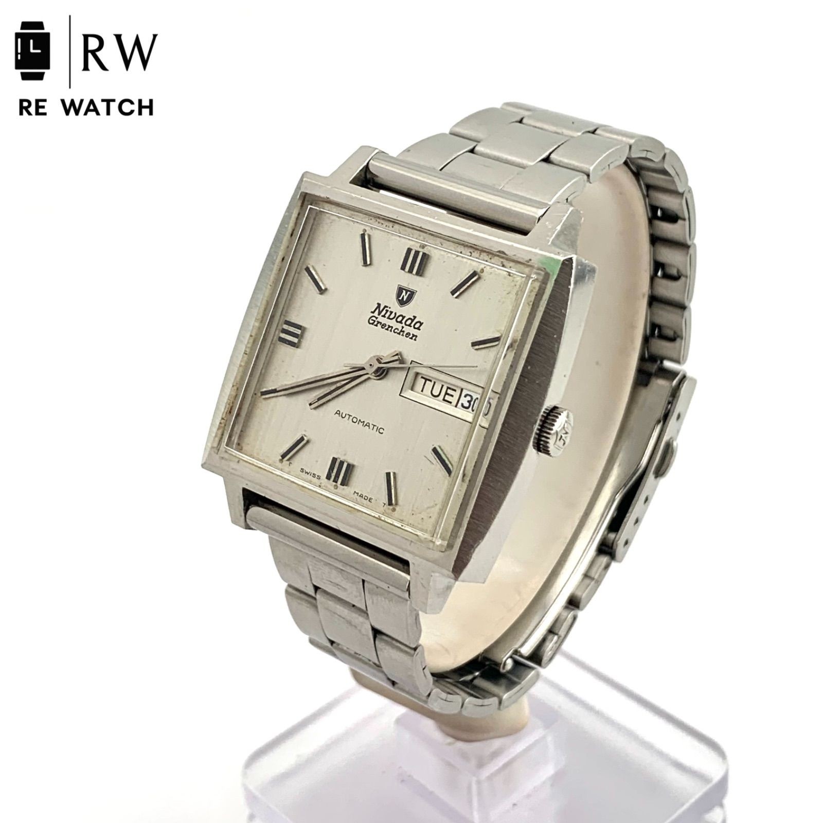 Nivada Grenchen Automatic Square Watch Day Date Stainless Steel From Japan