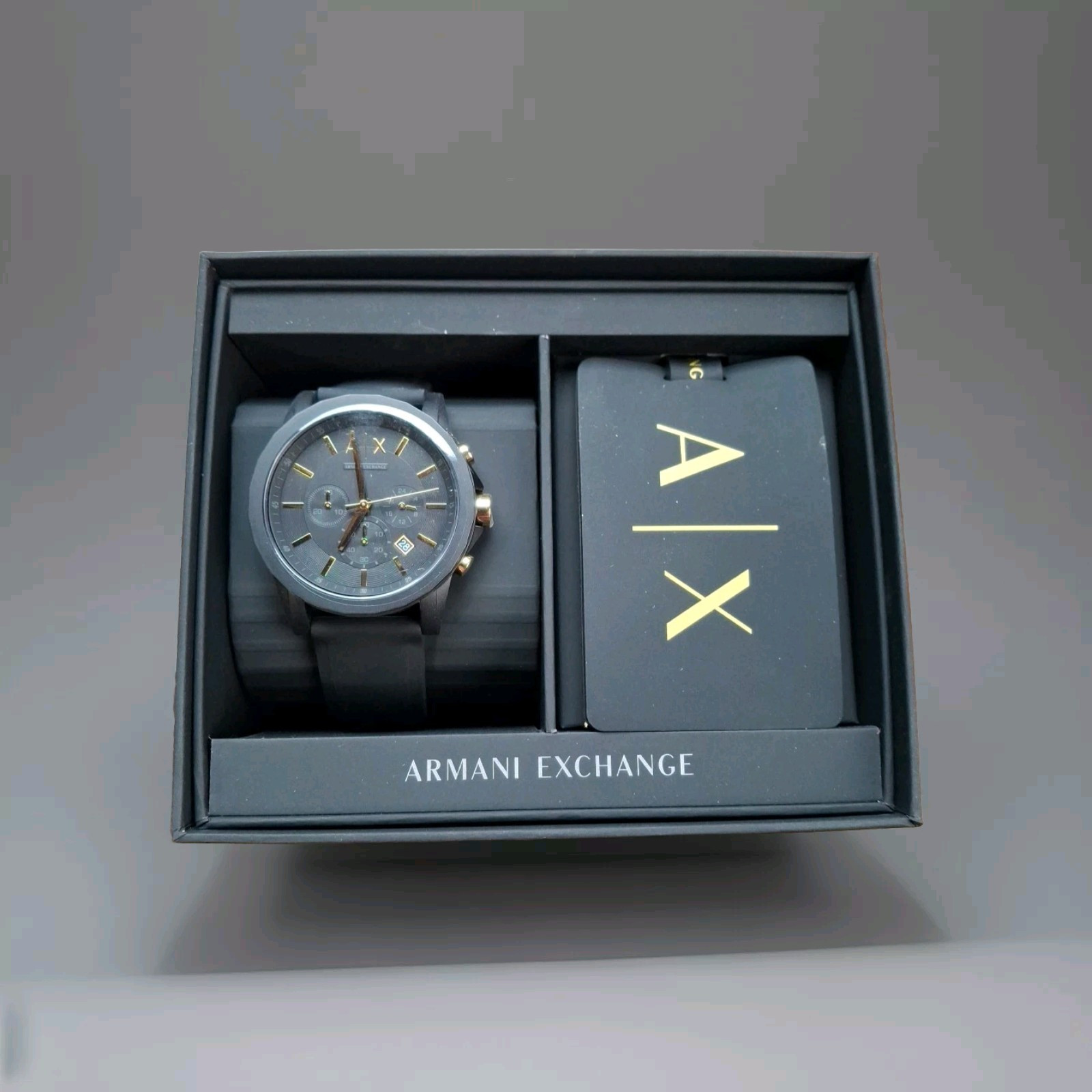 Armani Exchange Men’s Watch Outerbanks Chrono Silicone Black/Gold, AX7105, New