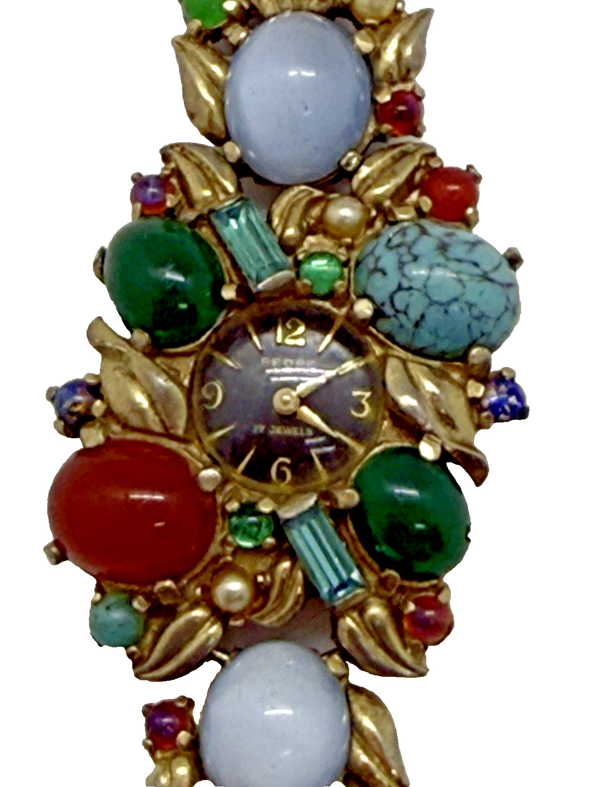 Vtg 1960’s Pedre Multi Color Cabachon Rhinestones Gold Tone Watch 17 Jewel Mvmt