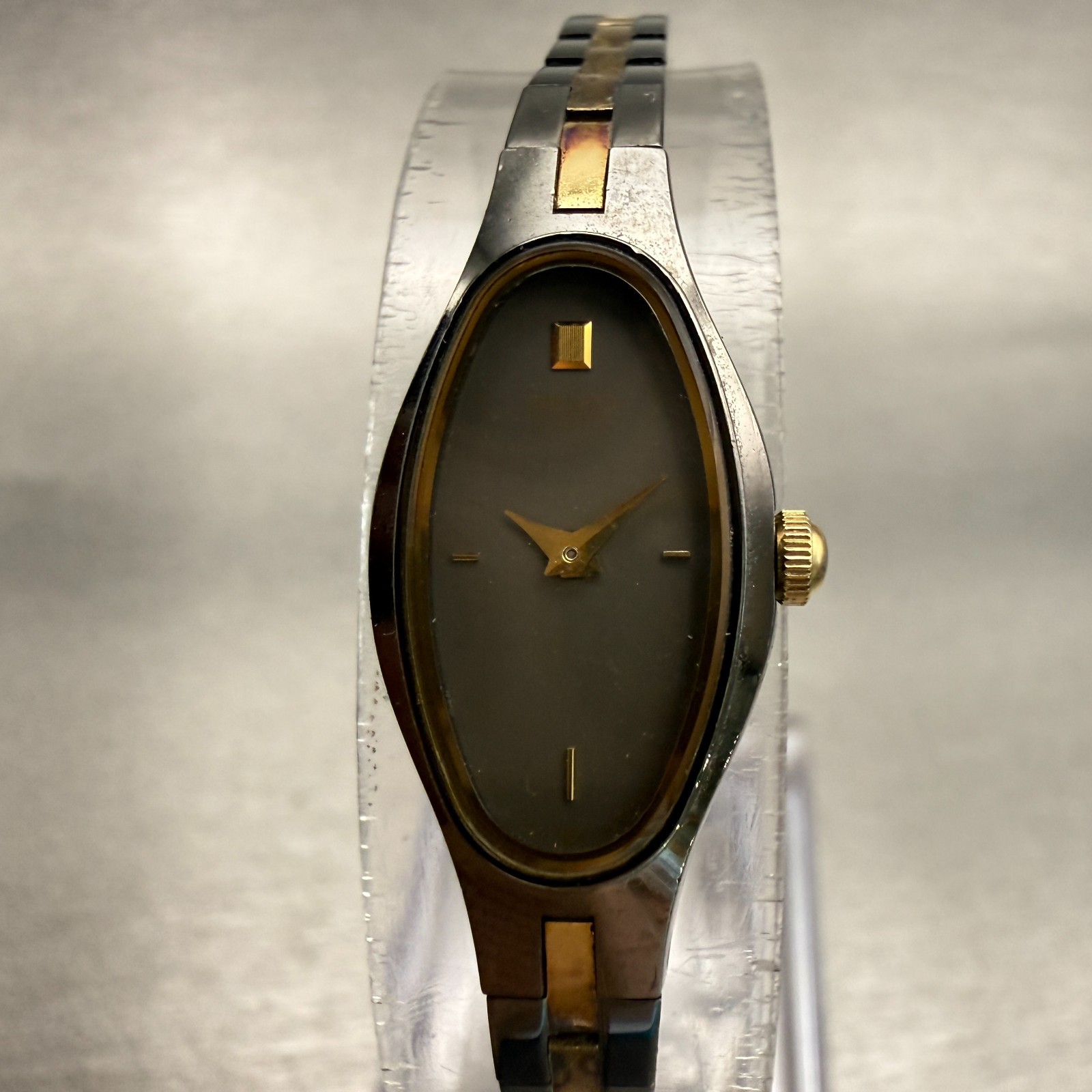 Seiko Watch Women 12mm Gray Dial Two Tone Oval 1E20-5719 Vintage New Battery