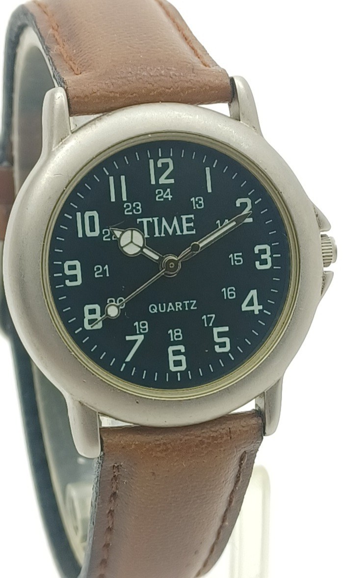 Time Women’s Watch Black Dial 12/24 Hour Brown Leather Band New Battery ✔️
