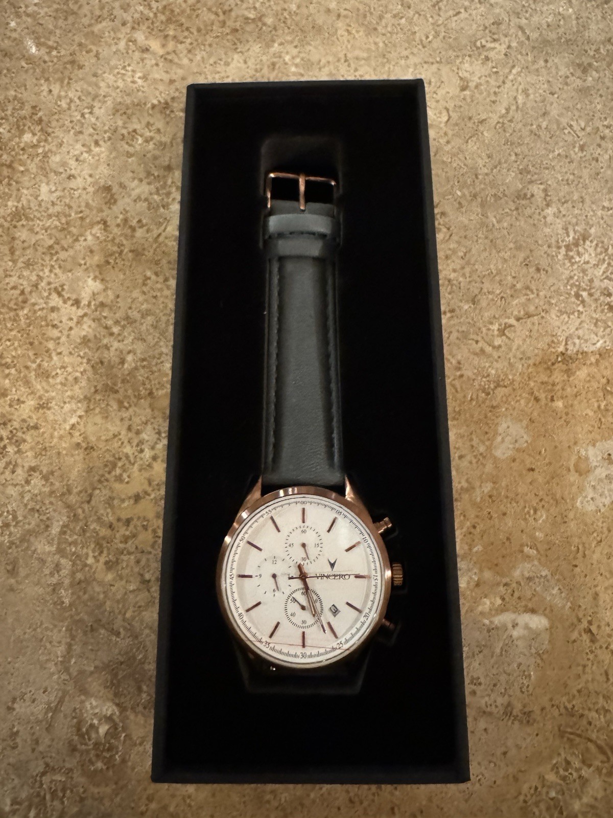 Vincero Men’s Quartz Chronograph Date White Dial Rose Gold Black Leather Strap