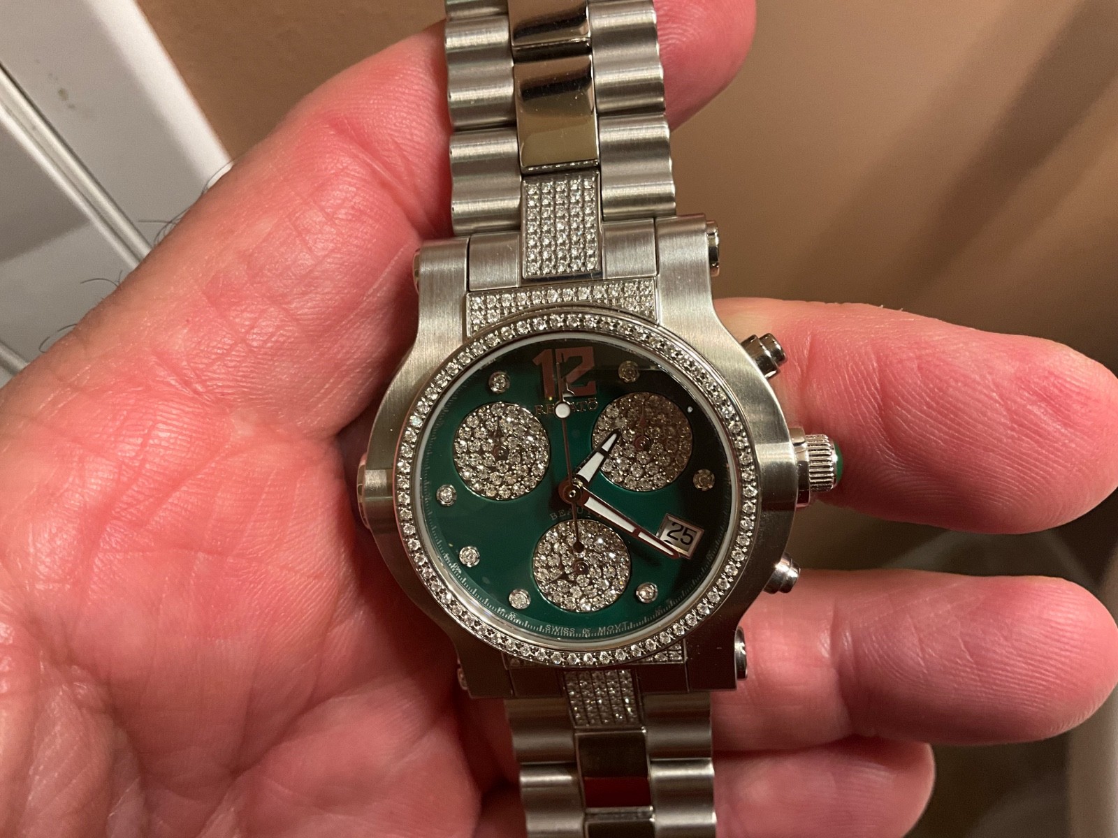 RENATO LADIES DIAMOND BEAUTY JADE GREEN DIAL SWISS QUARTZ CHRONOGRAPH BOX PAPERS