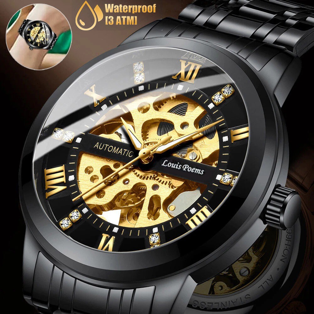 Men’s Luxury Stainless Steel Gold Tone Skeleton Automatic Mechanical Wrist Watch