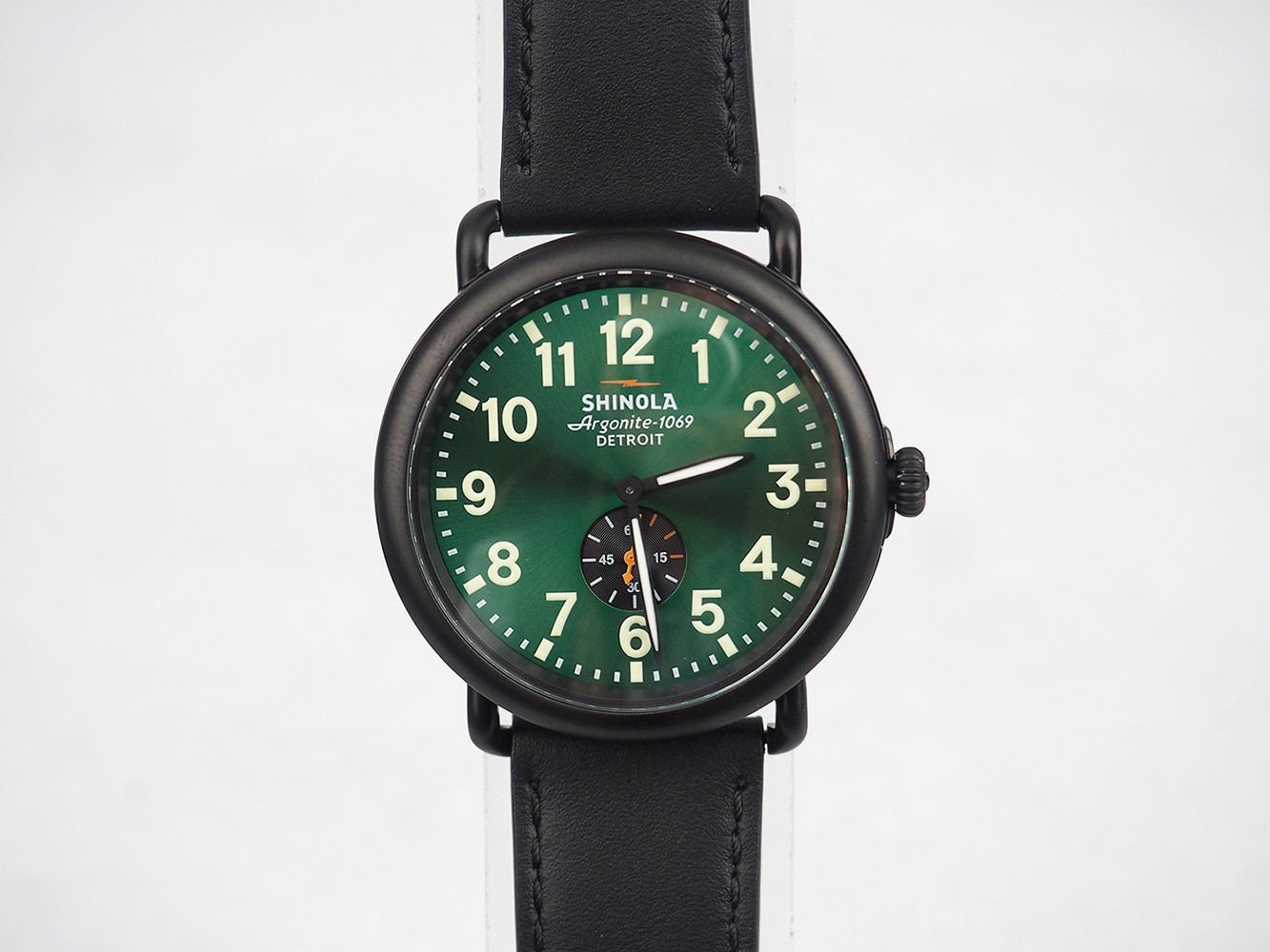 Men’s Shinola Runwell 47mm Green Dial Black Leather Strap Quartz Watch