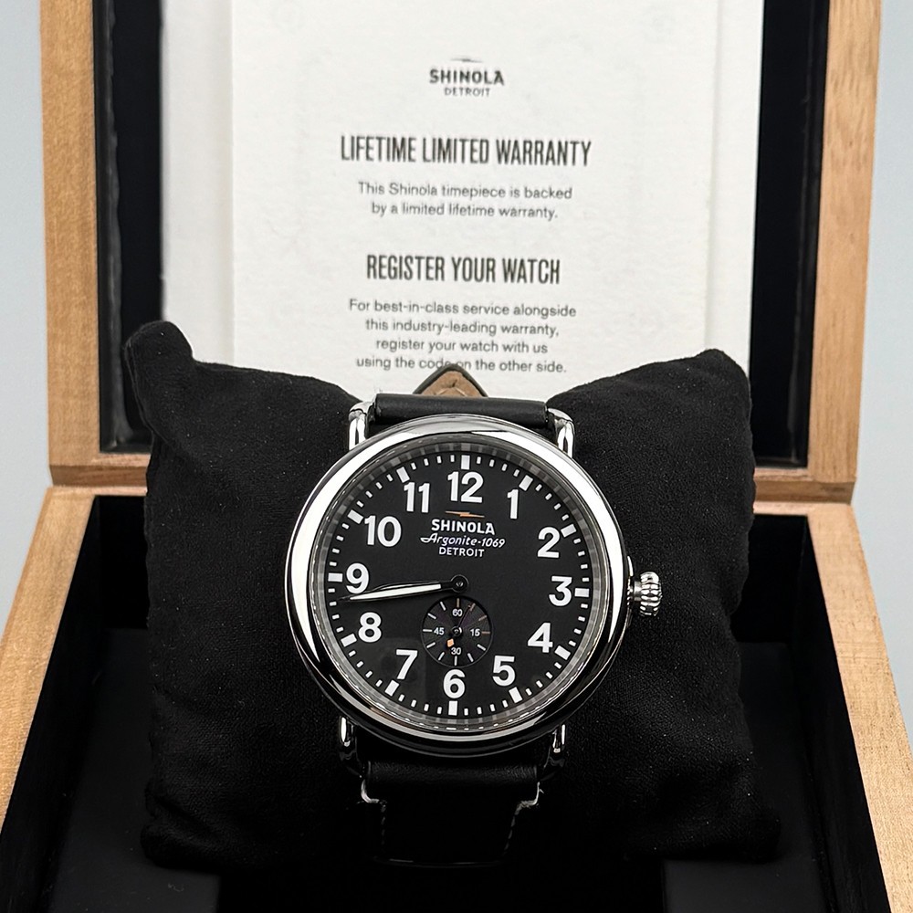 Men’s Shinola Runwell Argonite 1069 Black Dial Black Strap Quartz Watch 47mm