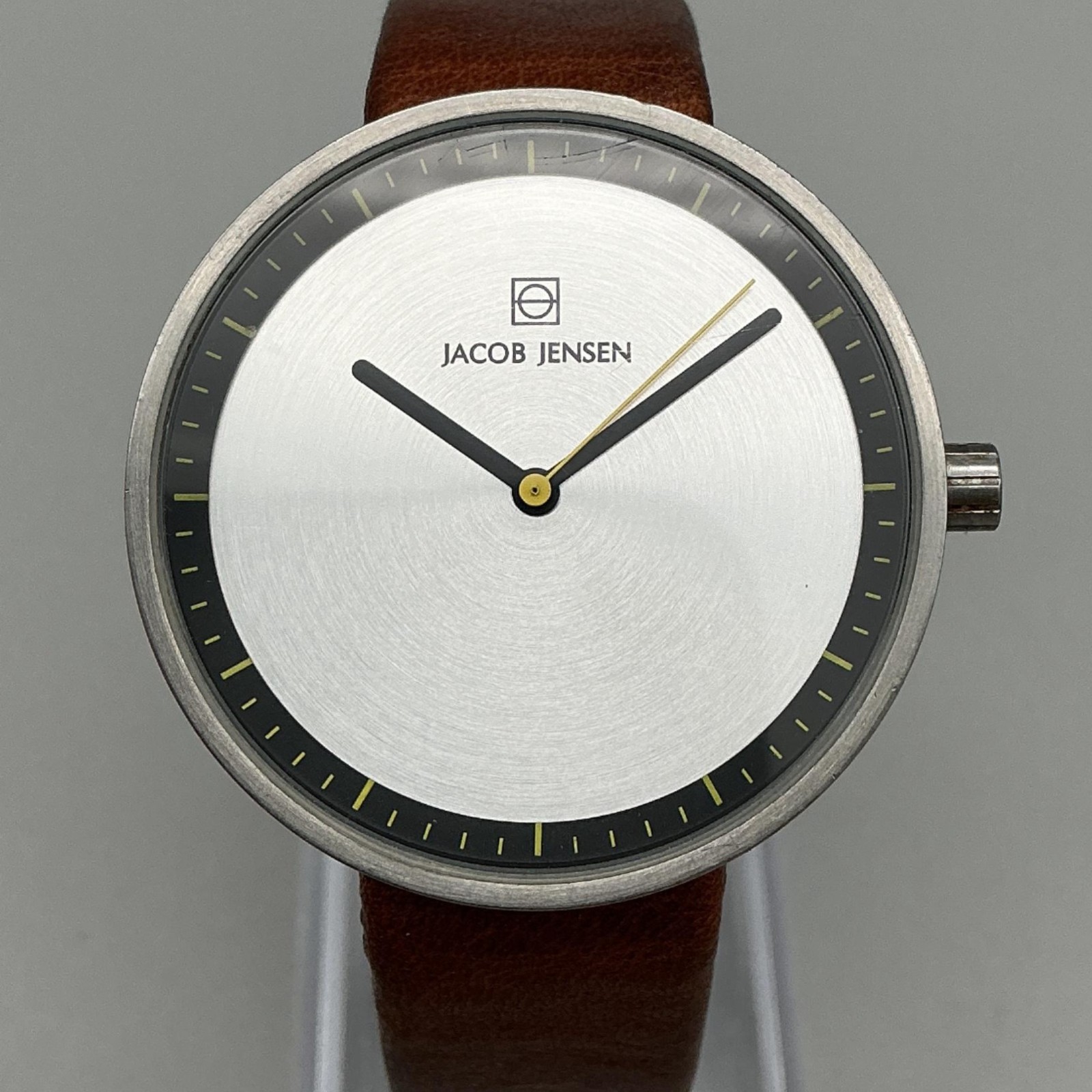 Jacob Jensen 281-50003 Mens Watch 36mm Silver Tone Brown Leather New Battery