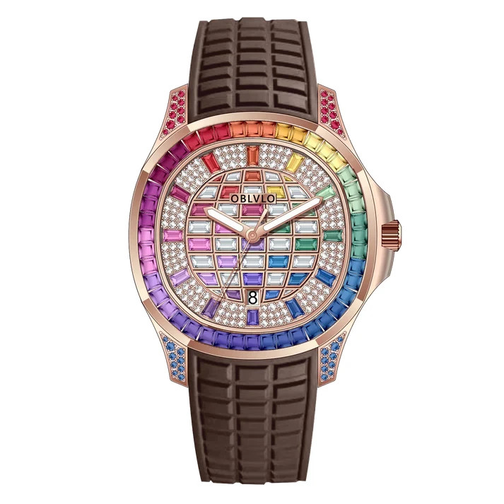 Luxury Automatic Watch Men Miyota 8215 Baguette Stone Leather Rubber Strap