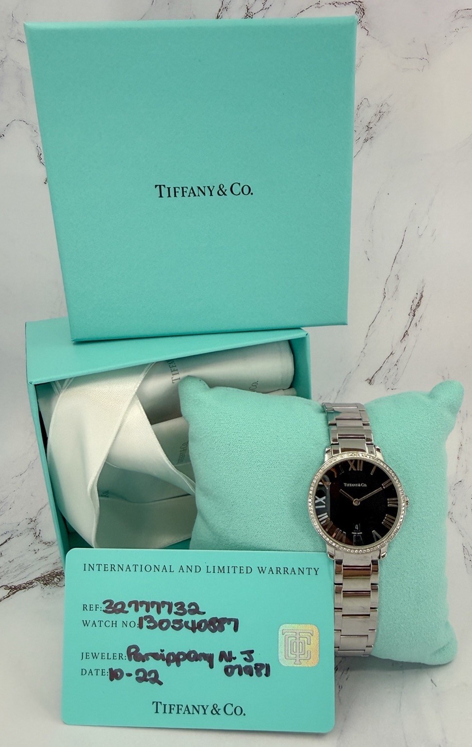 Tiffany & Co. Atlas Diamond Bezel Watch Black Dial Steel 32777732 Box & Papers