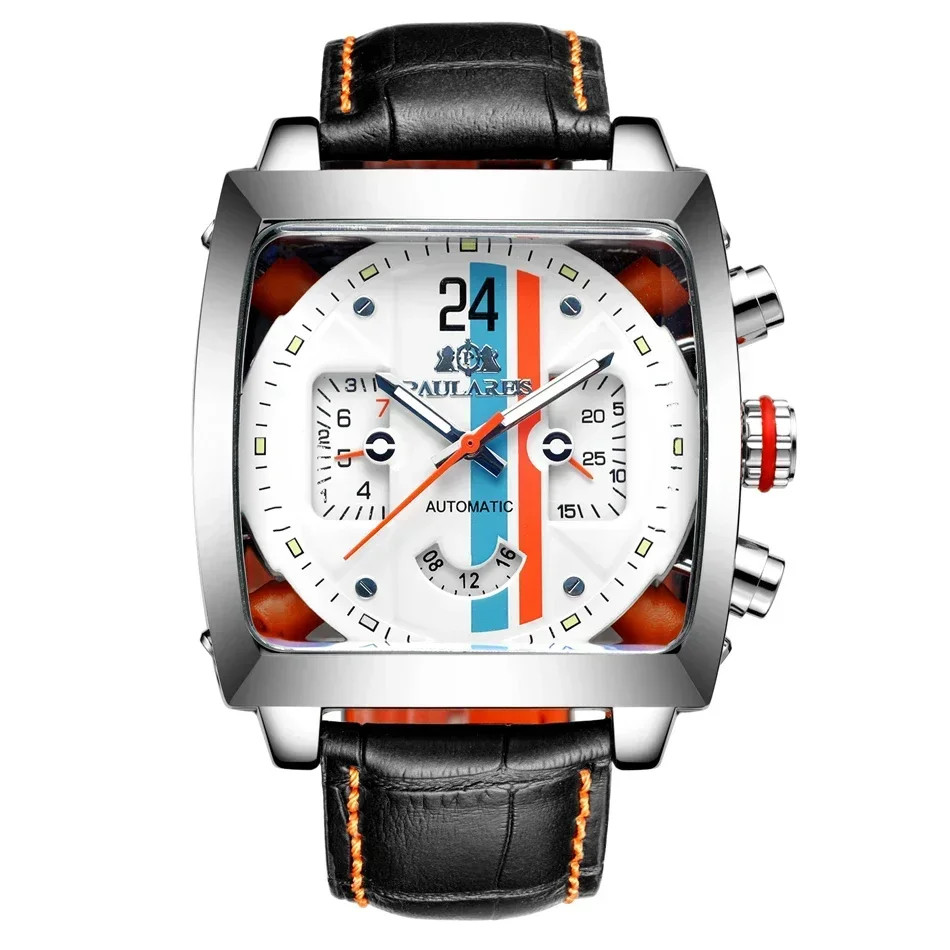 Automatic Watches for Men Mechanical Genuine Leather Stainless Steel Black Orang
