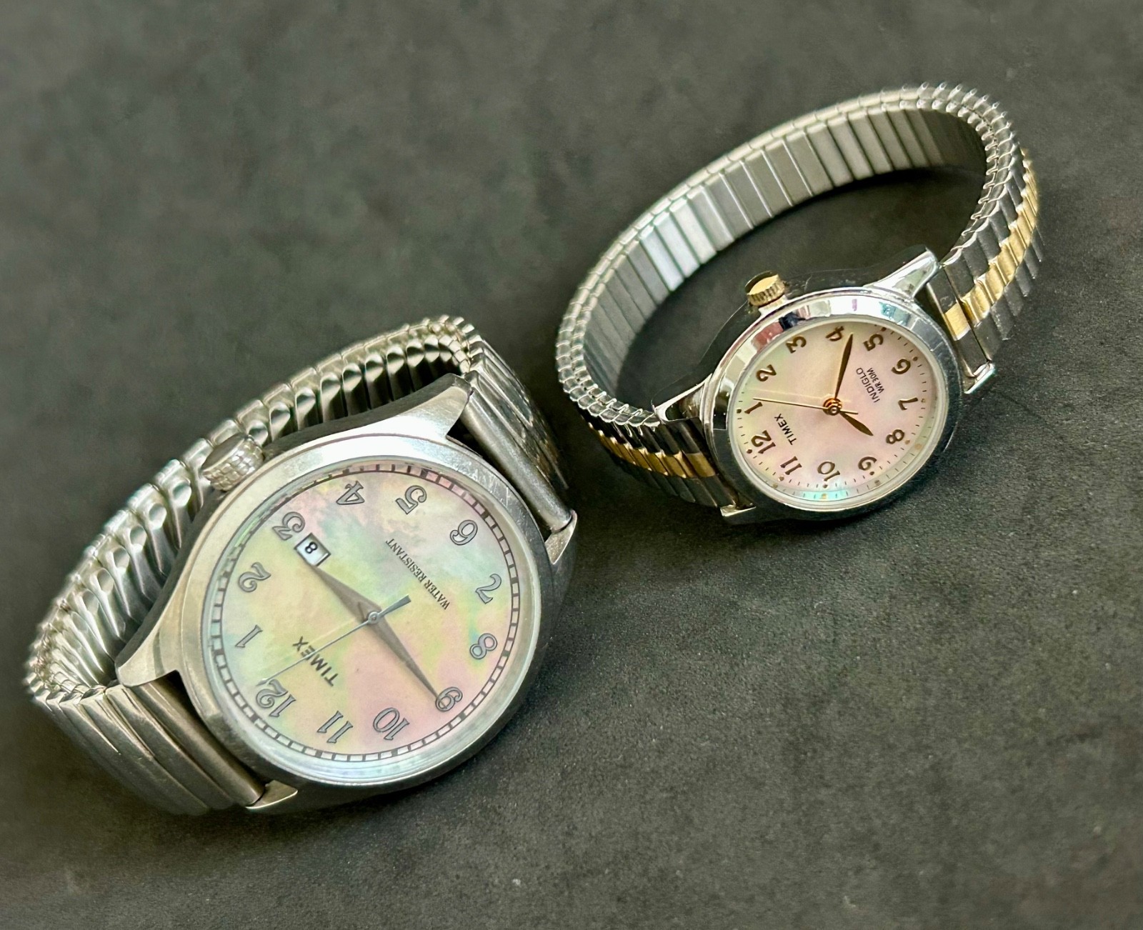 LOT OF 2 TIMEX MOTHER OF PEARL LARGE/SMALL FACE EXPANSION BAND WATCHES 1 INDIGLO