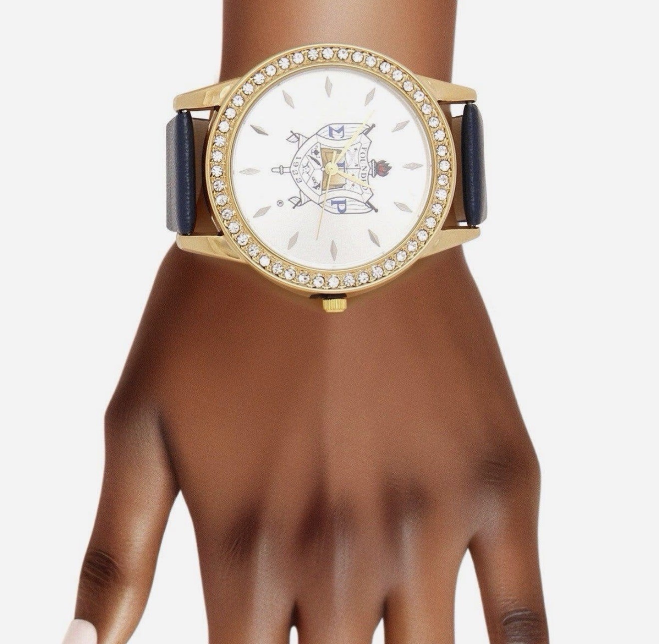 Sigma Gamma Rho Sorority Analog Watch Dial Gold Tone Crystal Bezel Blue Leather