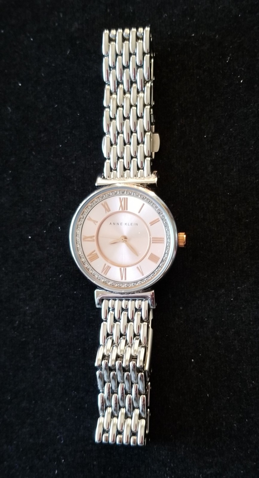 Anne Klein Silver Tone Watch Rose Dial AK/2591 Link Band 6.75″ Max Size New Batt