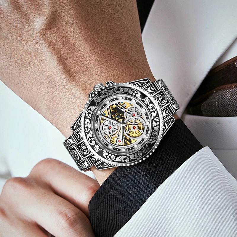 Automatic Mechanical Watch For Men Retro Luminous Stainless Steel Strap Reloj