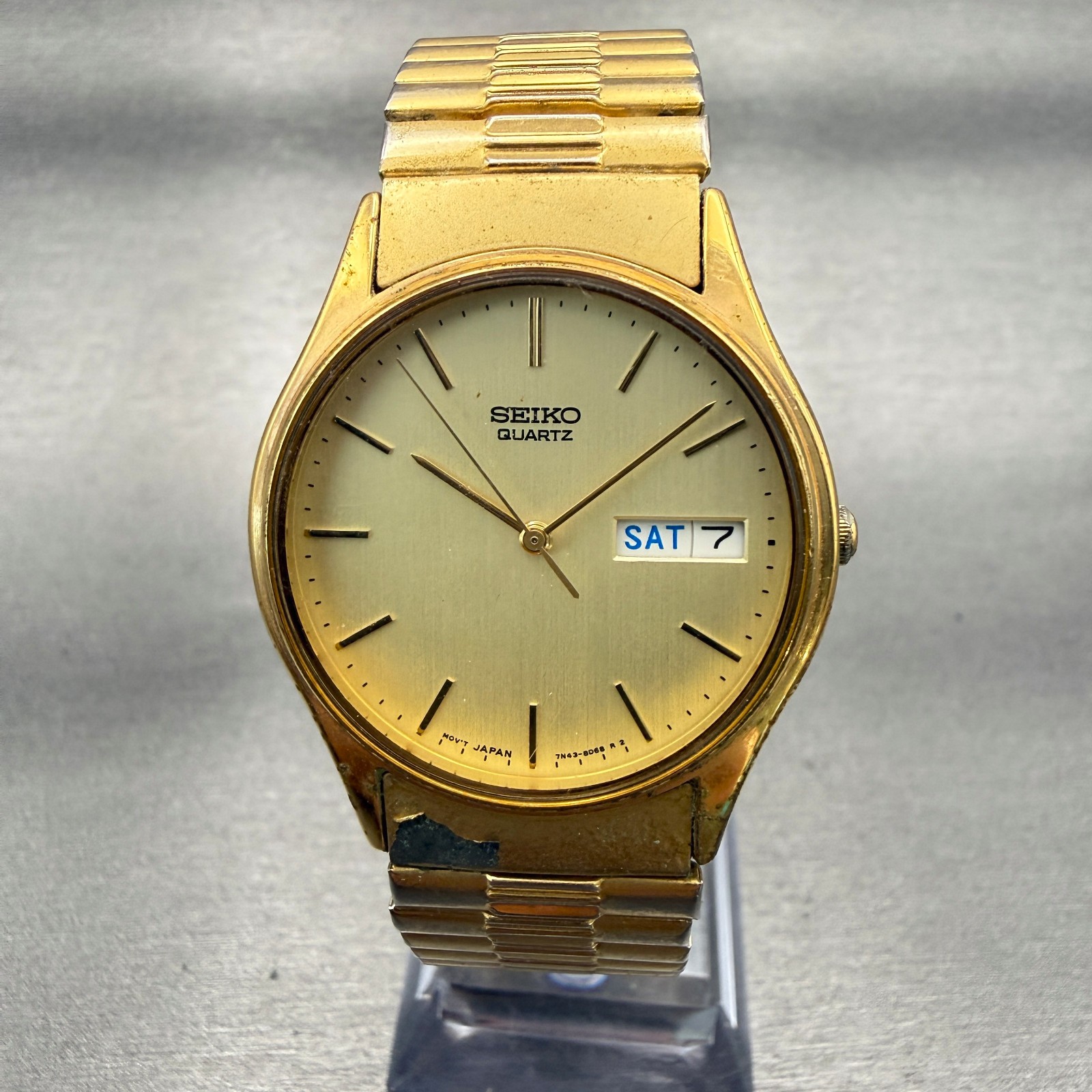Seiko Watch Men 34mm Champagne Dial Gold Tone Daydate Round 7N43-8A89 New Batt