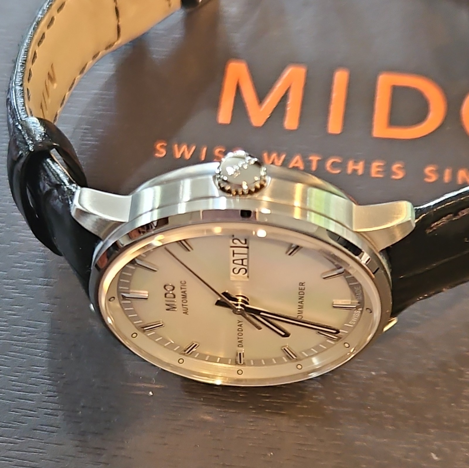 MIDO Commander Automatic Day/Date Swiss Made Silver Dial Black Leather Strap