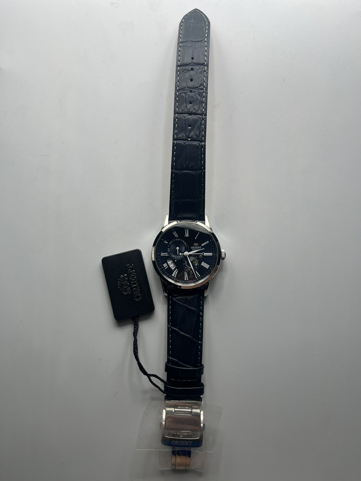 Orient Sun and Moon Version 2 Silver W/ Blue Leather Strap Men Automatic watch