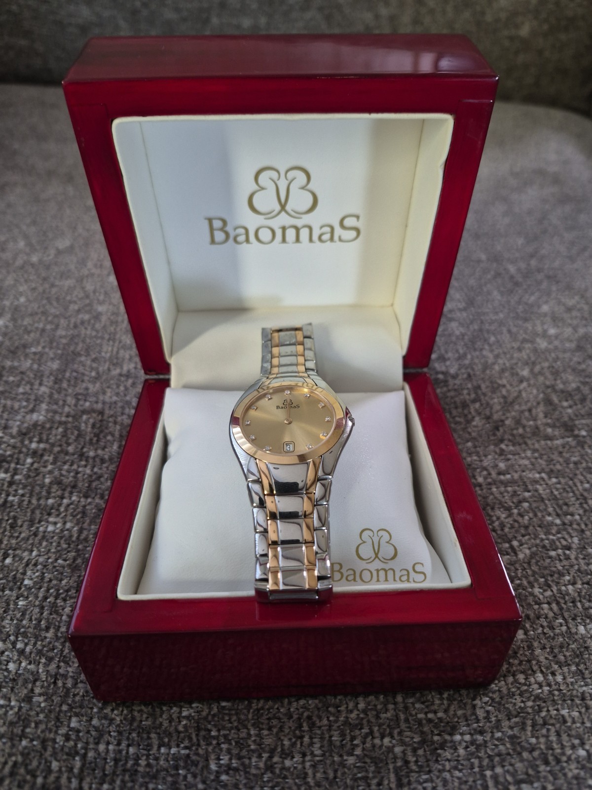 Baomas Mens Swiss Watch, 18K Gold Bezel, Sapphire Crystal, w/ Box & Spare Links
