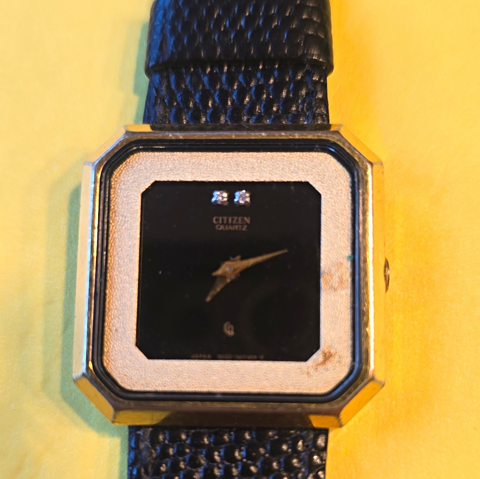 Citizen Quartz Diamond Accent Black Dial Gold-Tone Square Watch Black Leather