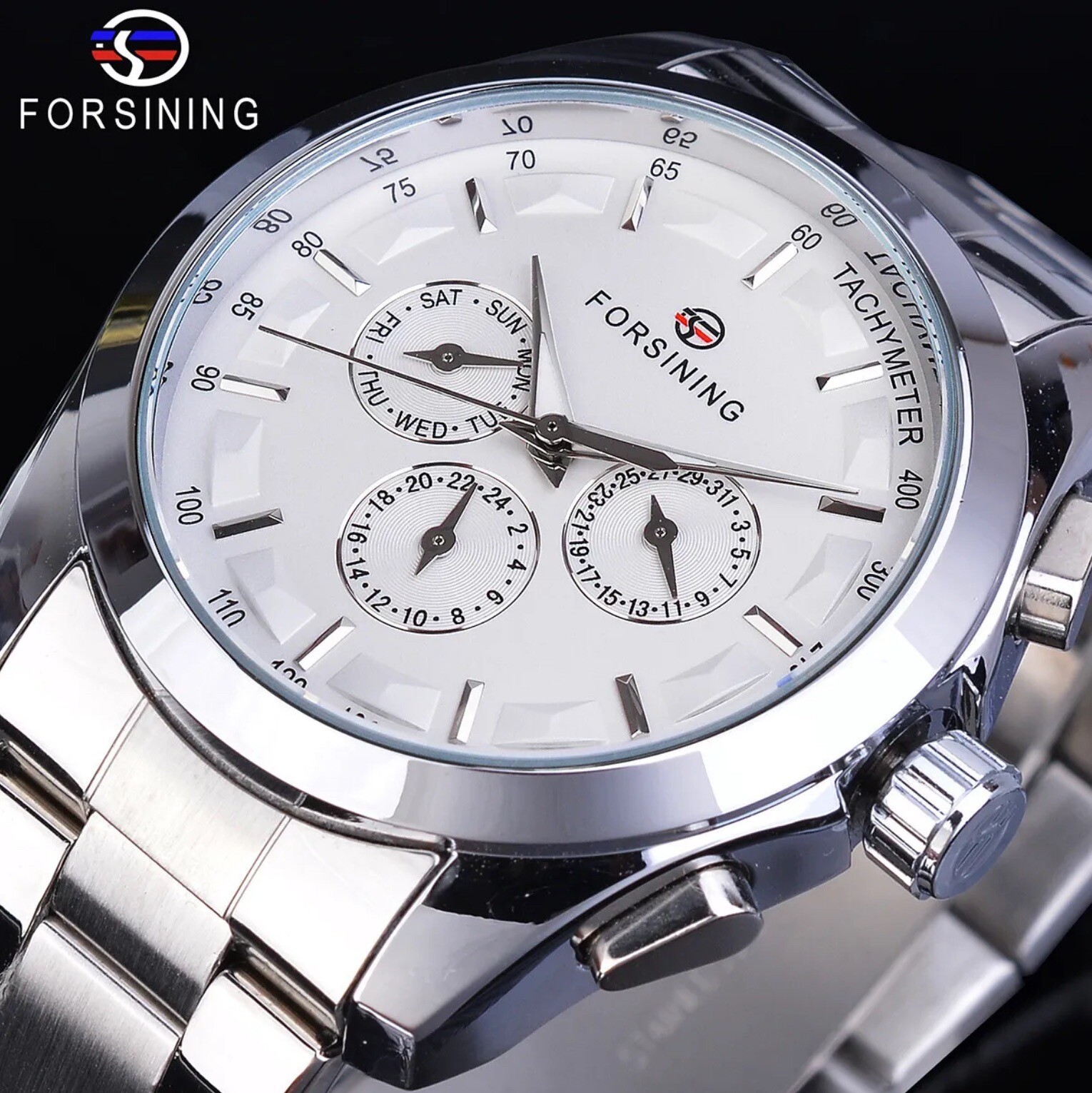 Forsining Mens BIG 45mm Luxury Watch Genuine Leather Band. Great Gift Idea.