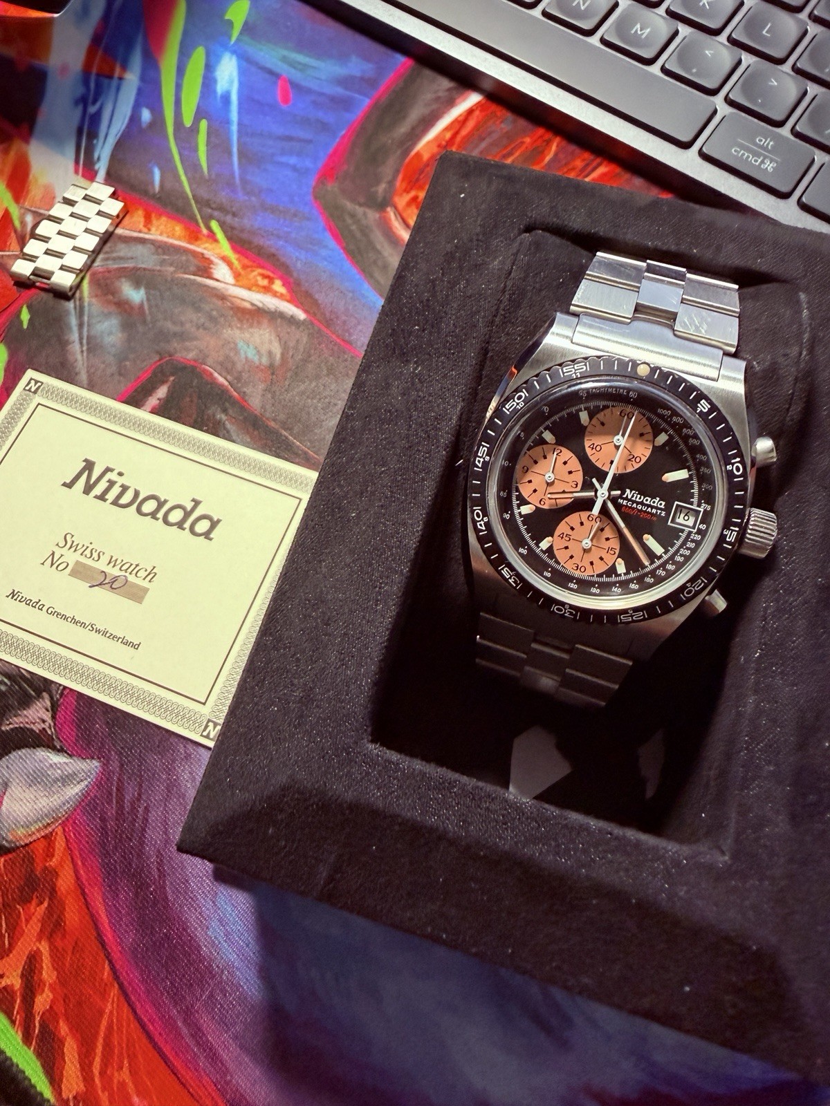Nivada Grenchen Chronosport Mecaquartz Salmon #20 Limited Edition Box/warranty
