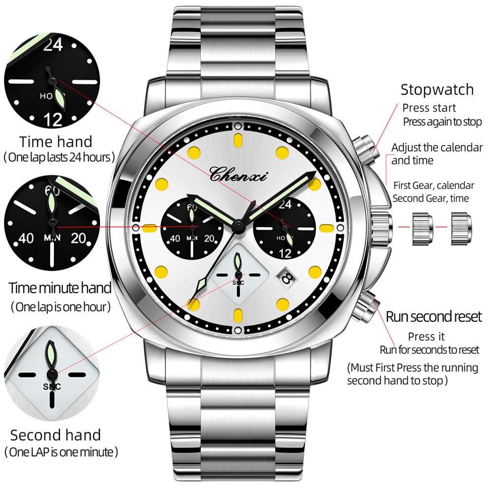 CHENXI Men Quartz Watch Chronograph Wristwatch 24Hours Weekday Boy Sport Watches