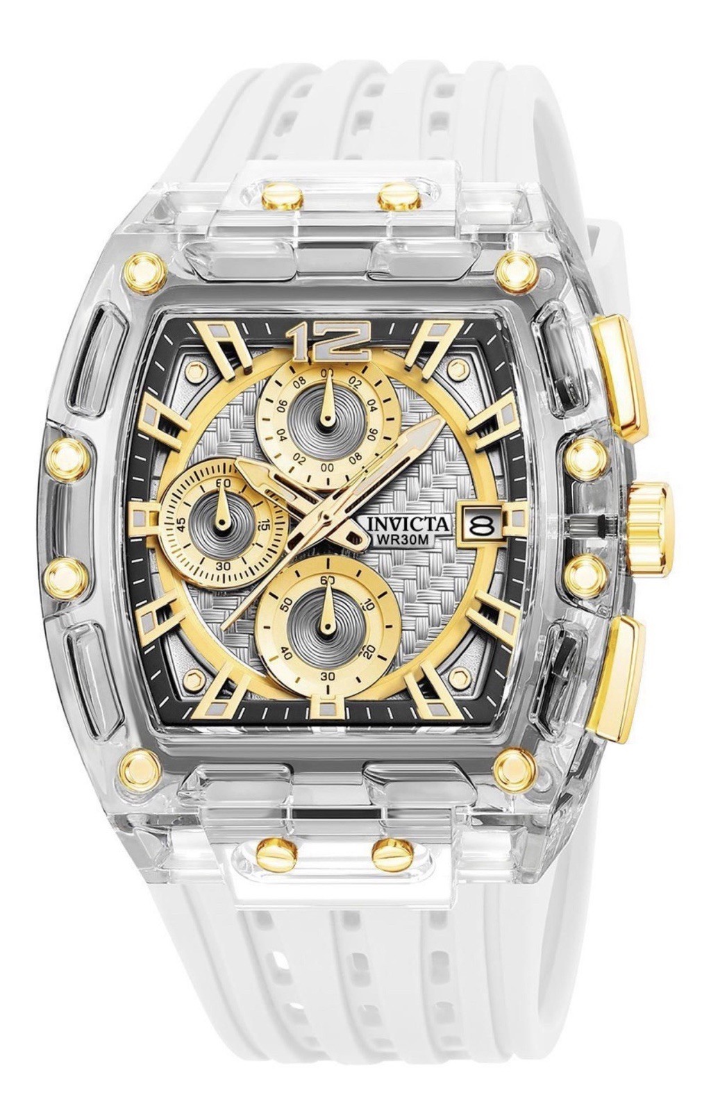Invicta S1 Rally Men 42mm Transparent Tone Case White+Gold Metal Dial Quartz 🔥